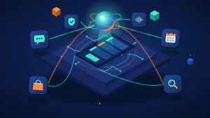 Siri AI integration for iOS apps: isometric illustration of an iPhone app connected to a glowing assistant orb and app action tiles