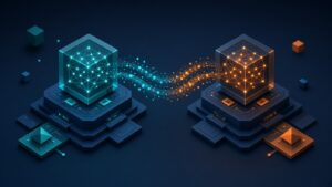 GPT-6.1 Sol vs Claude Sonnet 5.5: isometric illustration of two AI model cubes connected by a data stream on a navy background