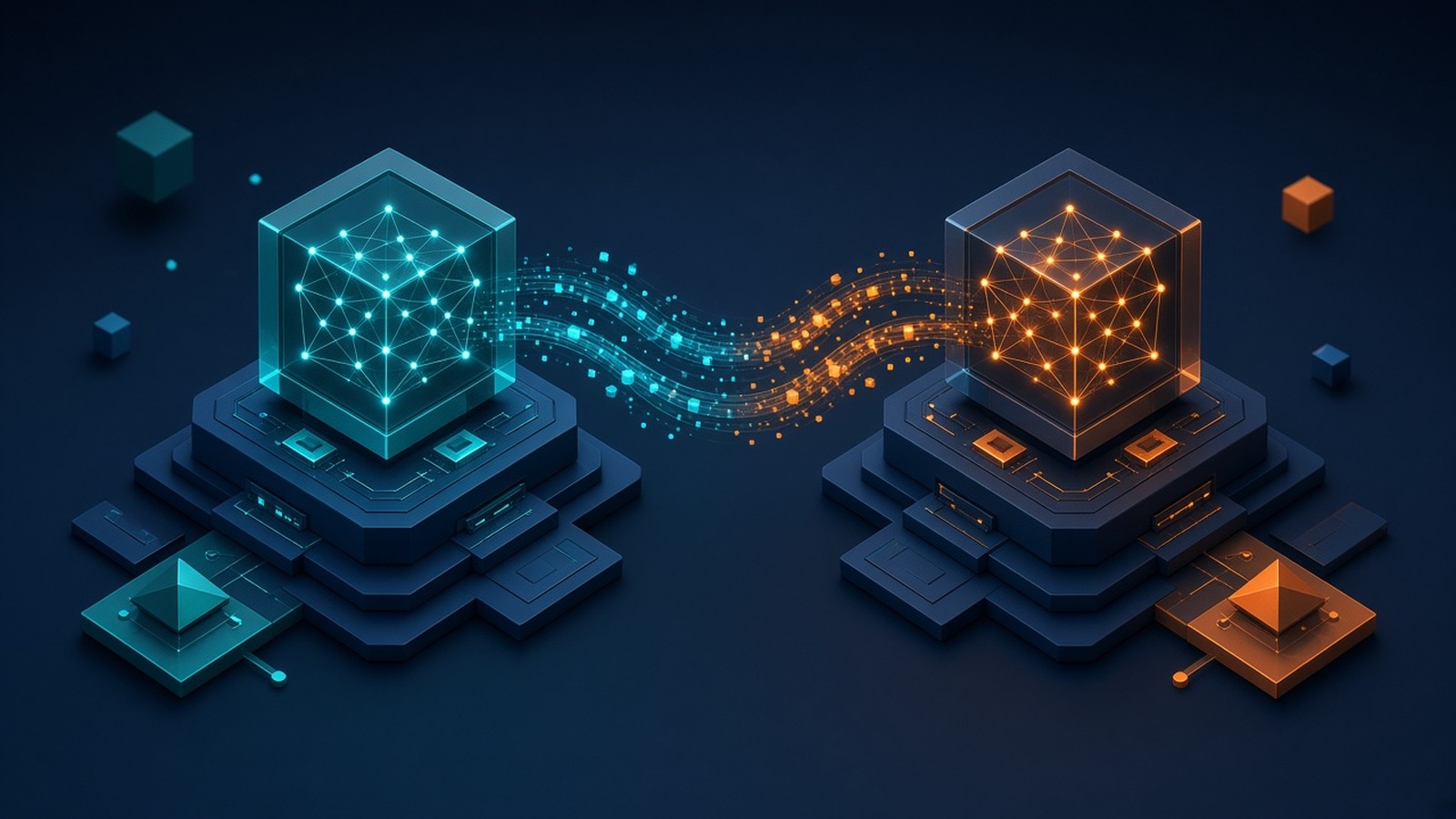 GPT-6.1 Sol vs Claude Sonnet 5.5: isometric illustration of two AI model cubes connected by a data stream on a navy background