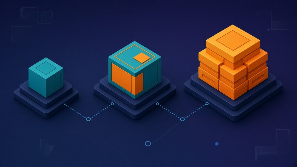 Three AI model workload tiers shown as isometric cubes from light to heavy tasks on a navy background