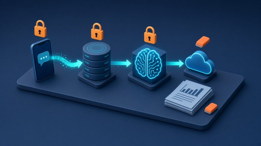 How personal data flows through an AI app: chat input, vector index, AI model, cloud vendor and logs, each with a padlock or erase marker