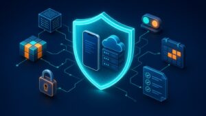 DPDP compliance for AI apps: isometric shield protecting a phone and cloud server, with consent toggle, padlock and data cubes on a navy background