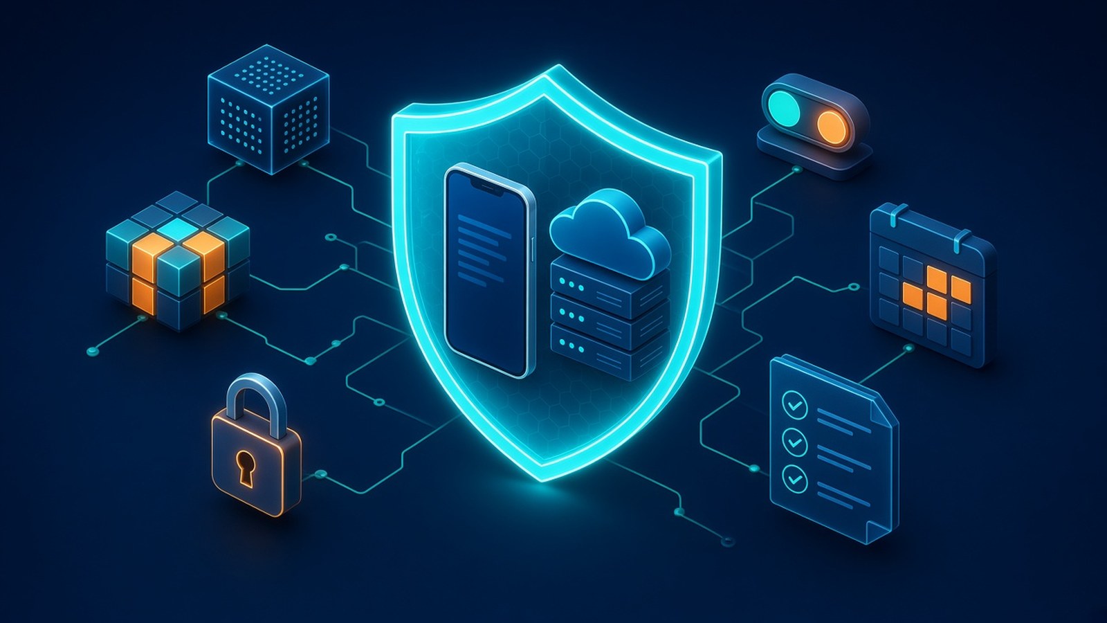 DPDP compliance for AI apps: isometric shield protecting a phone and cloud server, with consent toggle, padlock and data cubes on a navy background