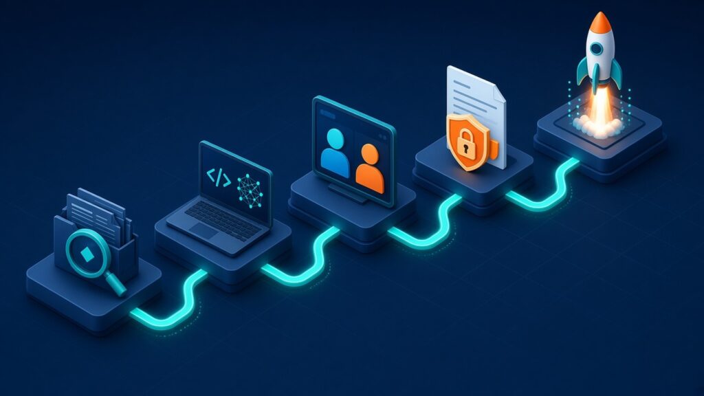 Five-step vetting path for choosing an AI development partner: review past work, technical test, team call, contract and NDA, then launch