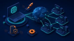 Isometric illustration of a business hiring a remote AI development team in India, with a laptop showing an AI chip linked across a globe to developer workstations