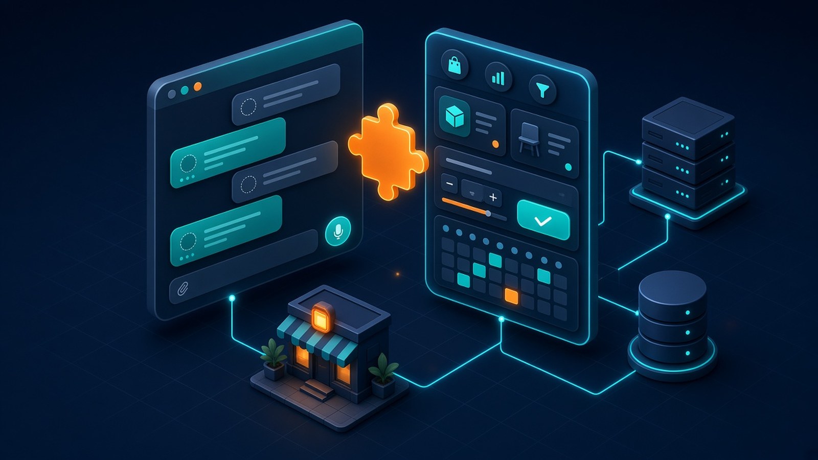 Illustration of how to build a ChatGPT plugin for your business: a chat window with a business app docked in a sidebar panel, connected to a storefront, servers and a database