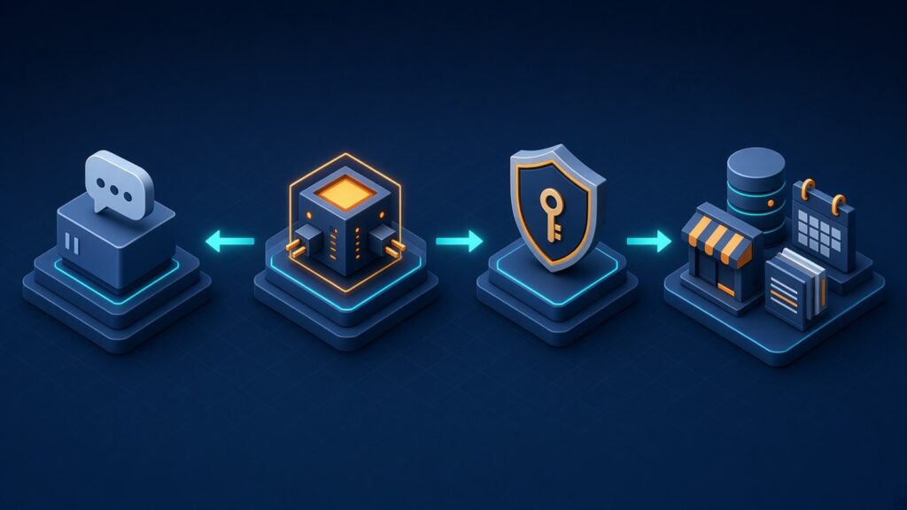 Diagram of how a ChatGPT plugin works: the chat window talks to your MCP server, which checks secure sign-in before reaching business systems such as a store, database, calendar and documents