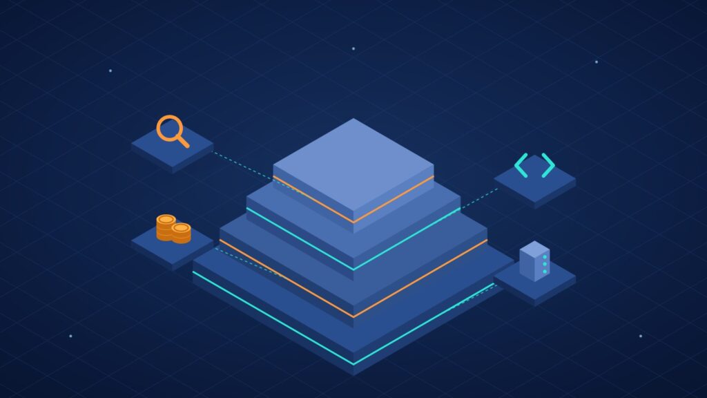 AI agent cost stack shown as four isometric layers: discovery, build, LLM tokens and tools, and hosting and operations