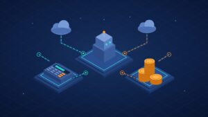 Isometric illustration of an AI agent robot connected to a calculator, coin stacks and cloud APIs, showing the cost to build an AI agent