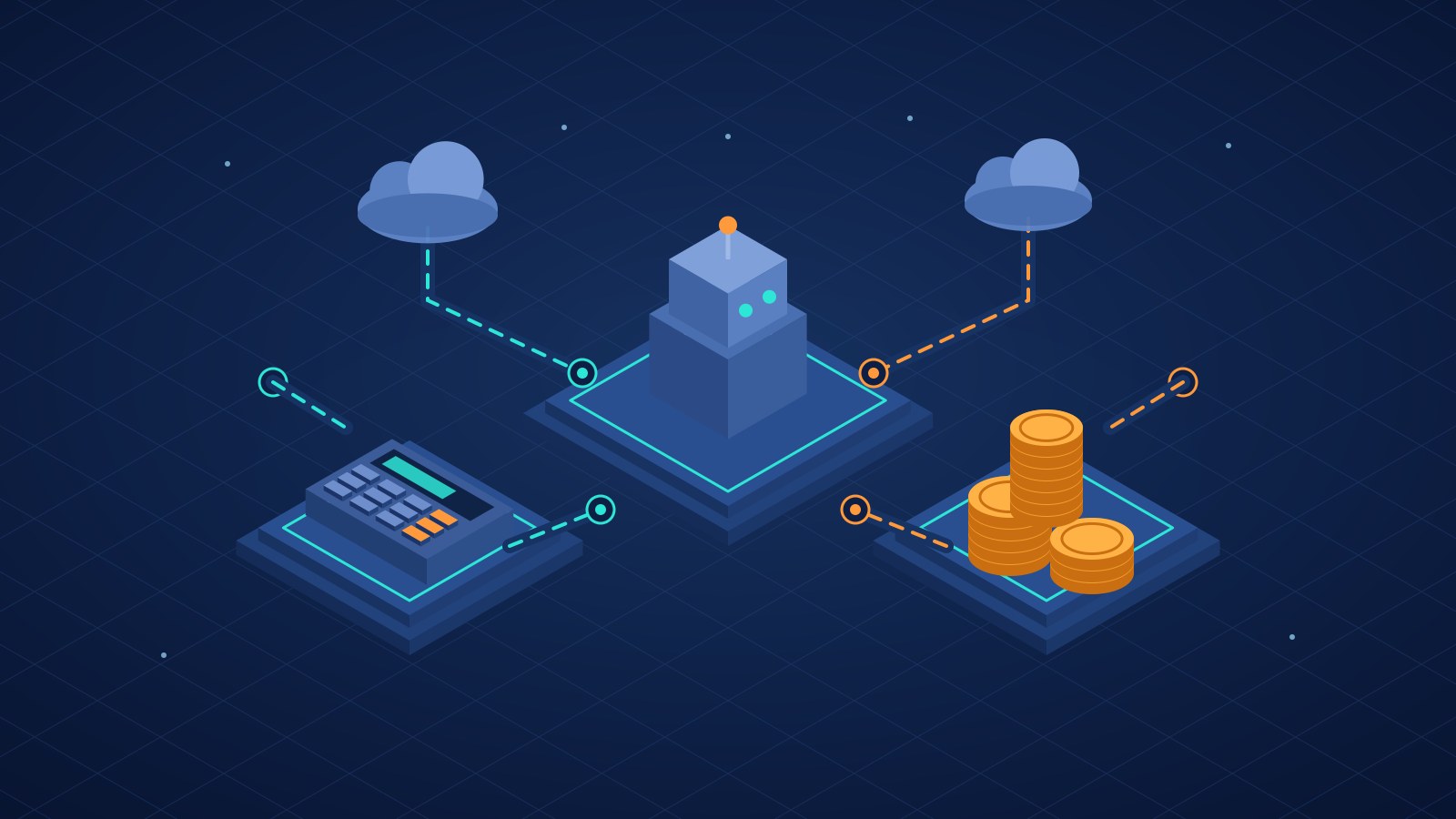 Isometric illustration of an AI agent robot connected to a calculator, coin stacks and cloud APIs, showing the cost to build an AI agent