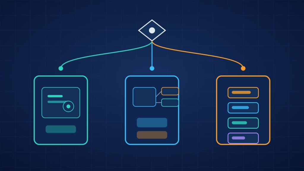 Abstract decision diagram with three paths from a central choice diamond leading to buy, hybrid, and custom-build agent options, navy teal orange isometric style