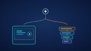 Isometric illustration comparing a packaged SaaS AI agent box on the left with a custom modular agent stack on the right, deep navy background with teal and orange accents