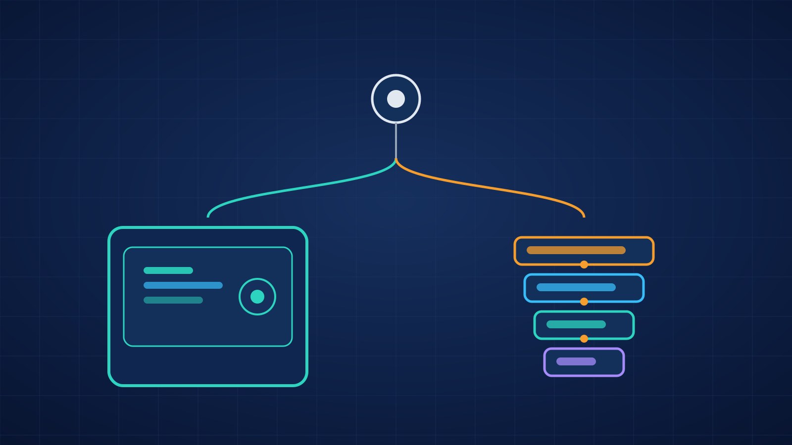 Isometric illustration comparing a packaged SaaS AI agent box on the left with a custom modular agent stack on the right, deep navy background with teal and orange accents