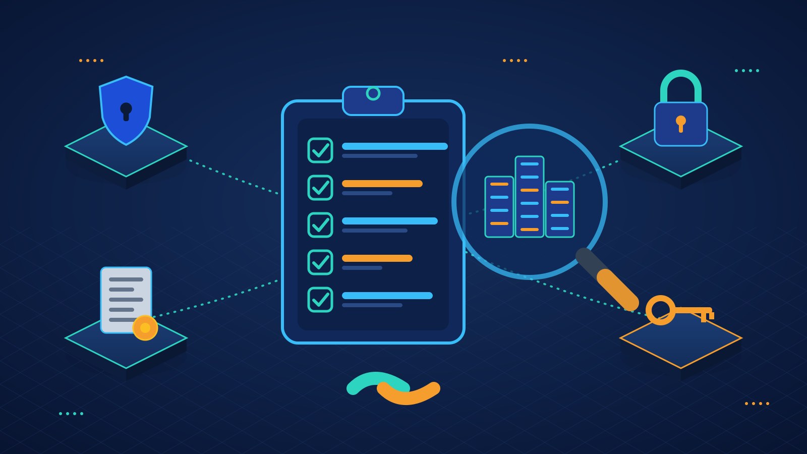 Isometric illustration of an AI vendor vetting checklist on a clipboard, a magnifying glass inspecting server racks, and shield, padlock, contract and key tiles on a deep navy background with teal and orange accents