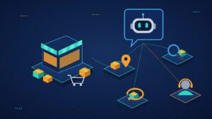 Isometric illustration of an online store connected to an AI chatbot that handles order tracking, product search, returns and hand-off to a human support agent