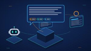 Isometric illustration of an AI answer panel citing a business website, with an AI crawler and search pages connected to it, for an AEO services guide