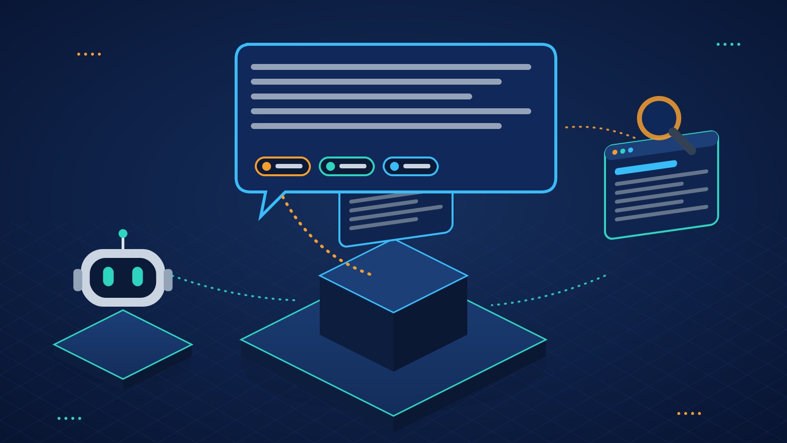 Isometric illustration of an AI answer panel citing a business website, with an AI crawler and search pages connected to it, for an AEO services guide