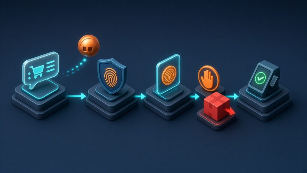 Flow diagram of an AI agent payment: customer request, customer approval, intent token, and a checkout that blocks a purchase that does not match the approved intent
