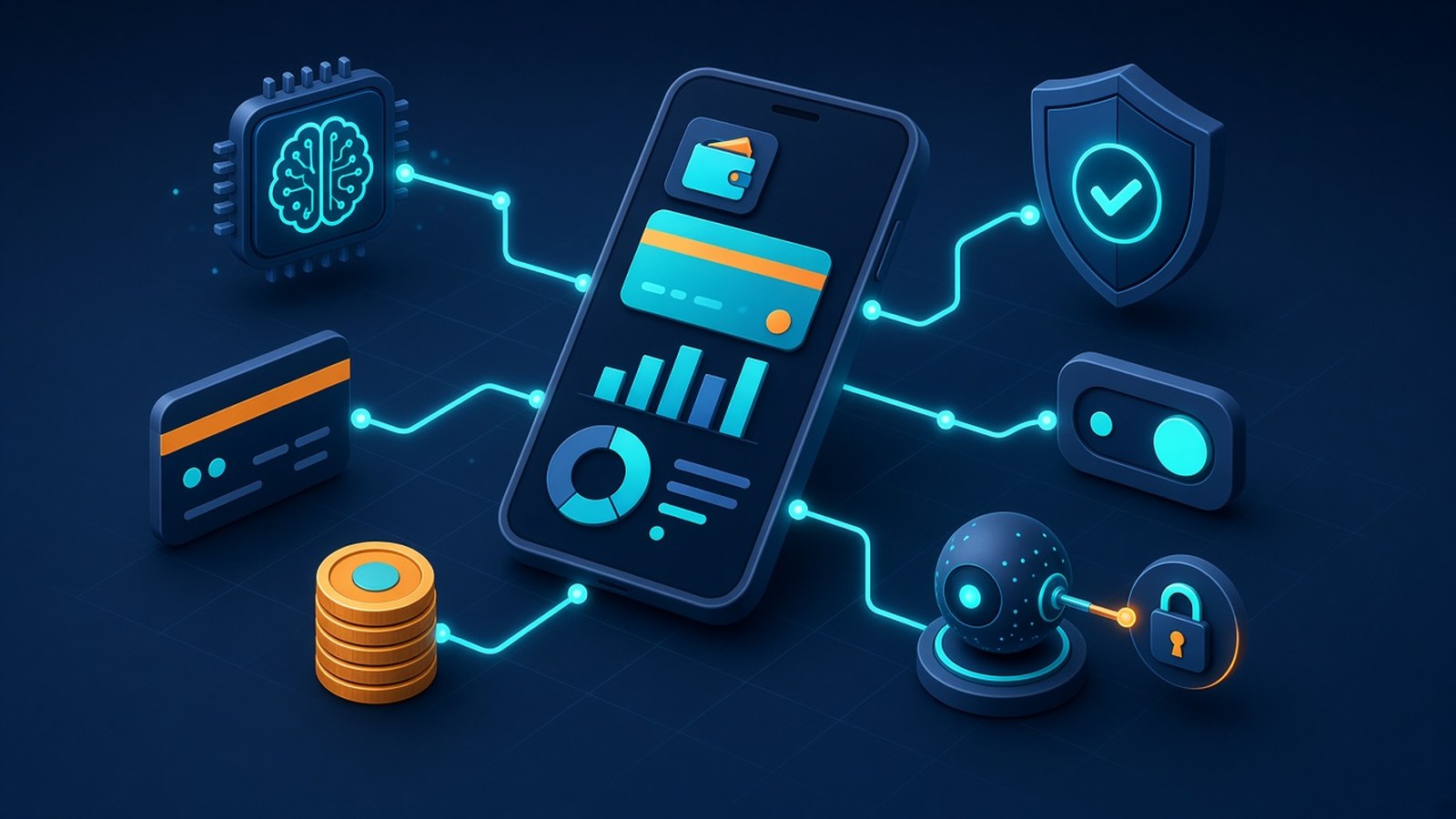 Isometric illustration of an AI-powered fintech app connected to payment cards, a security shield, an AI chip and a verified AI agent payment token