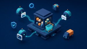 Isometric illustration of an online store connected to three AI shopping agents handling product discovery, chat and checkout