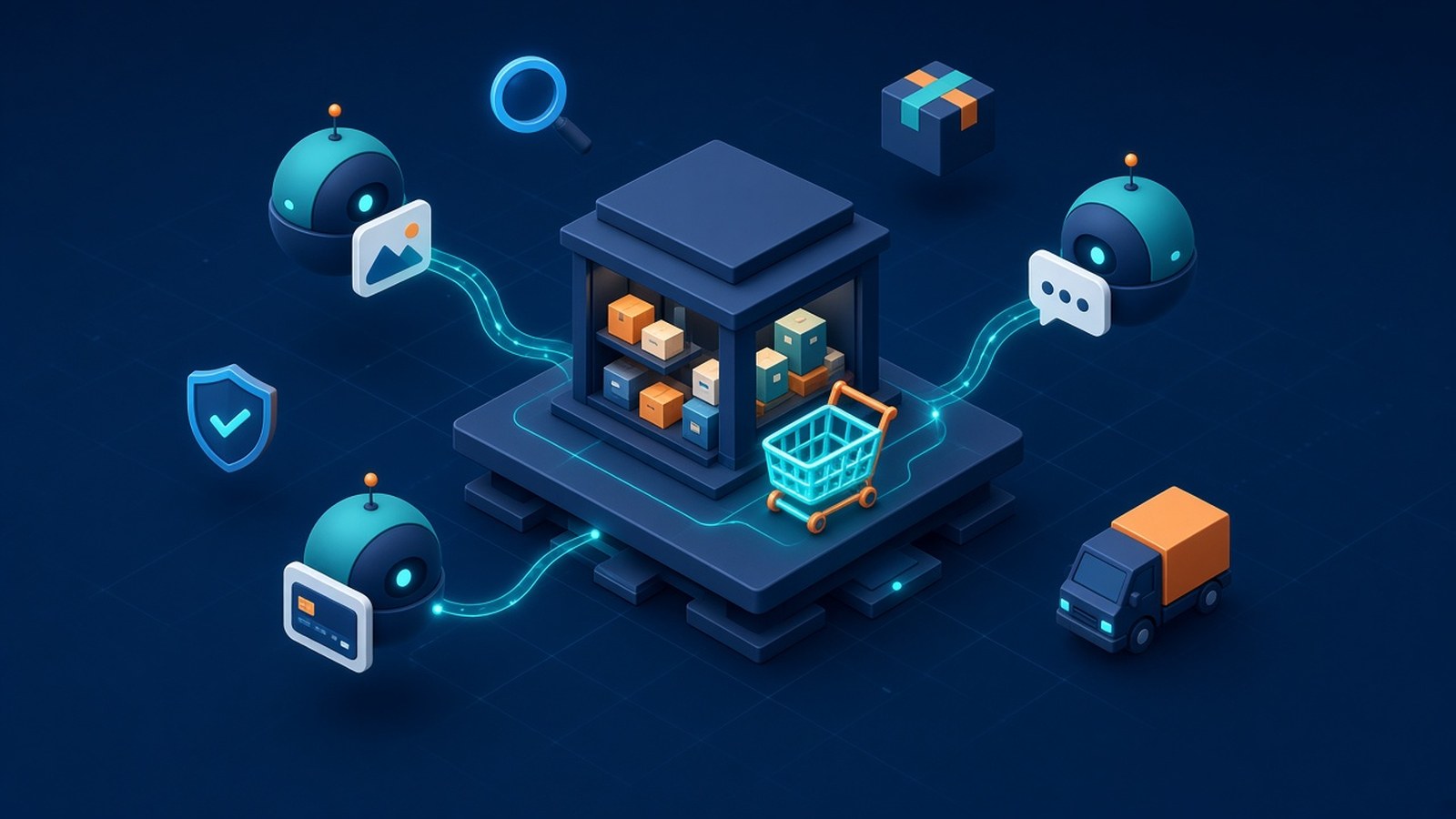 Isometric illustration of an online store connected to three AI shopping agents handling product discovery, chat and checkout