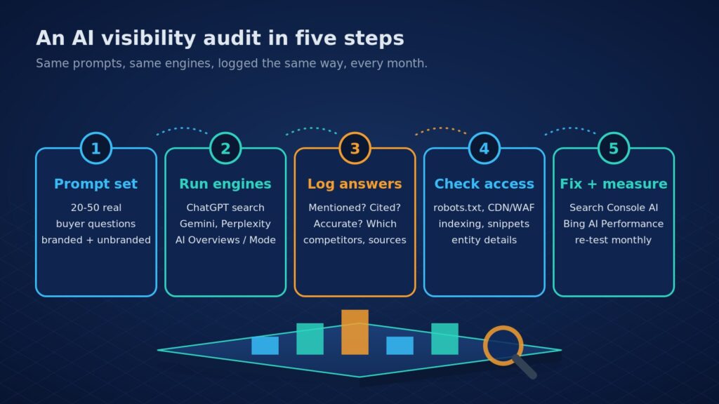AI visibility audit in five steps: build a buyer prompt set, run ChatGPT, Gemini, Perplexity and Google AI features, log mentions and citations, check crawler access, then fix and measure monthly