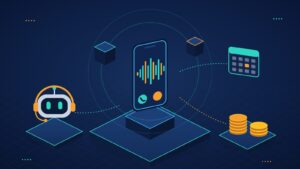 Isometric illustration of an AI voice agent: a smartphone with a sound wave linked to a headset robot receptionist, a booking calendar and stacks of coins