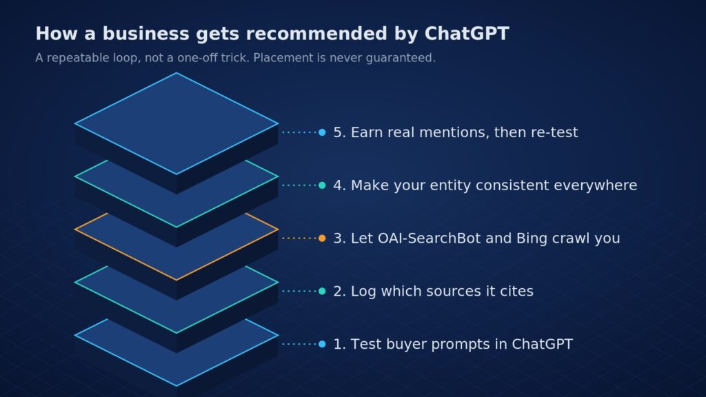 Five-step loop for getting a business recommended by ChatGPT: test buyer prompts, log cited sources, allow OAI-SearchBot and Bing to crawl, make entity details consistent, earn real mentions and re-test