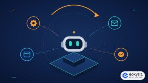 AI agent approach illustration: an AI agent on a platform connected to tools, email, browser and a completed task
