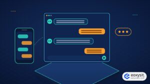 WhatsApp AI chatbot illustration: a phone chat and a larger chat window with bot replies and customer messages