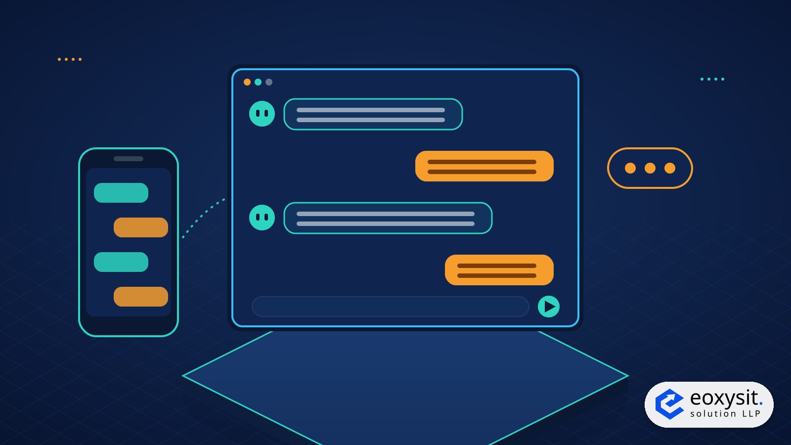 WhatsApp AI chatbot illustration: a phone chat and a larger chat window with bot replies and customer messages