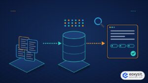 RAG vs fine-tuning illustration: an AI model drawing on a knowledge base of documents on an isometric navy platform