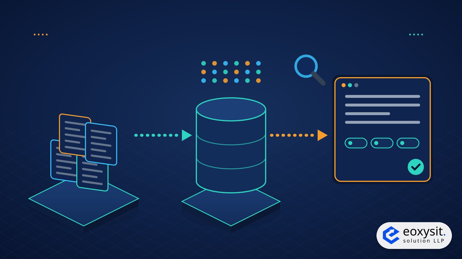RAG vs fine-tuning illustration: an AI model drawing on a knowledge base of documents on an isometric navy platform