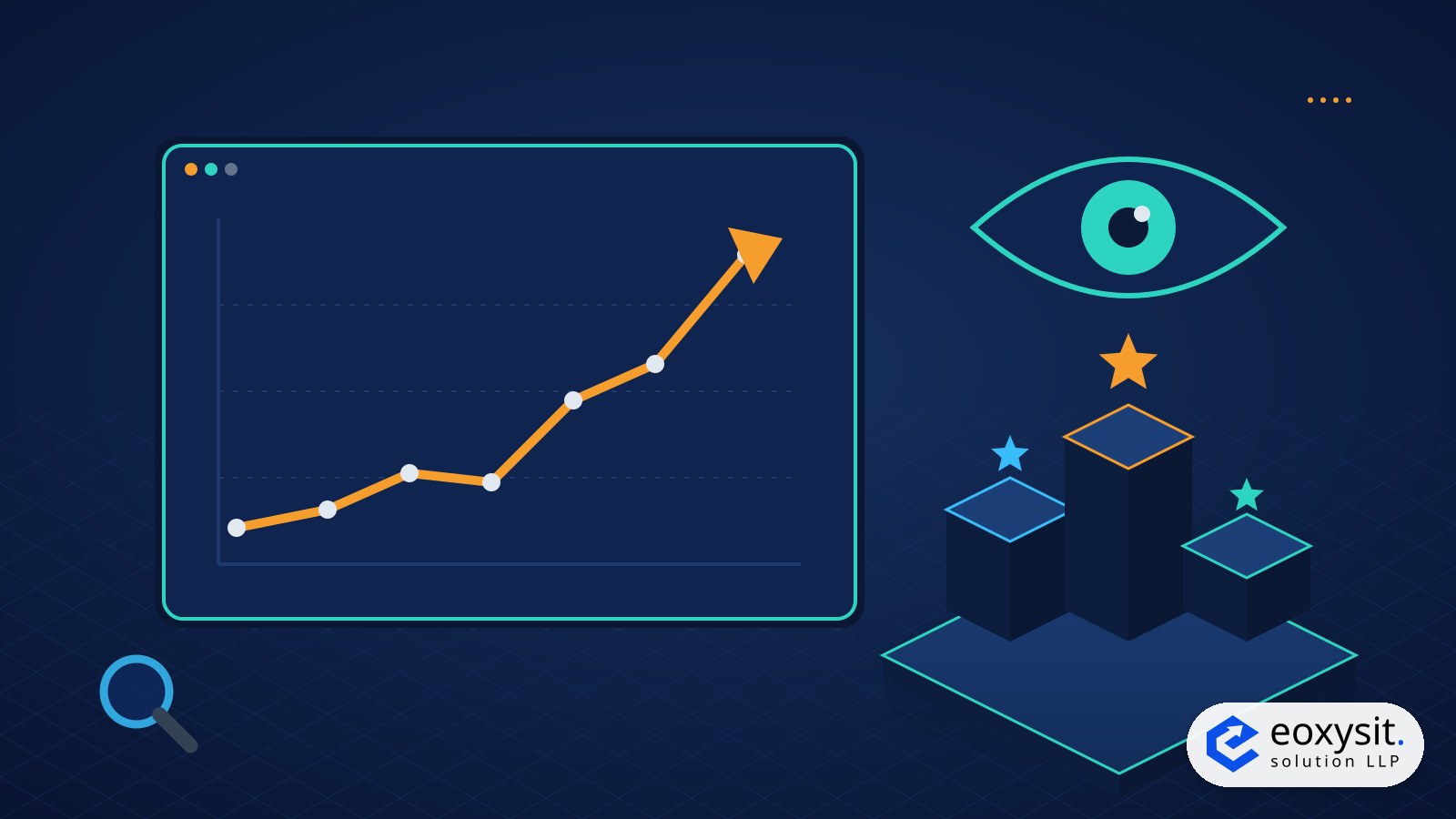 AI visibility audit illustration: a rising search visibility chart, an eye symbol and ranked podium blocks