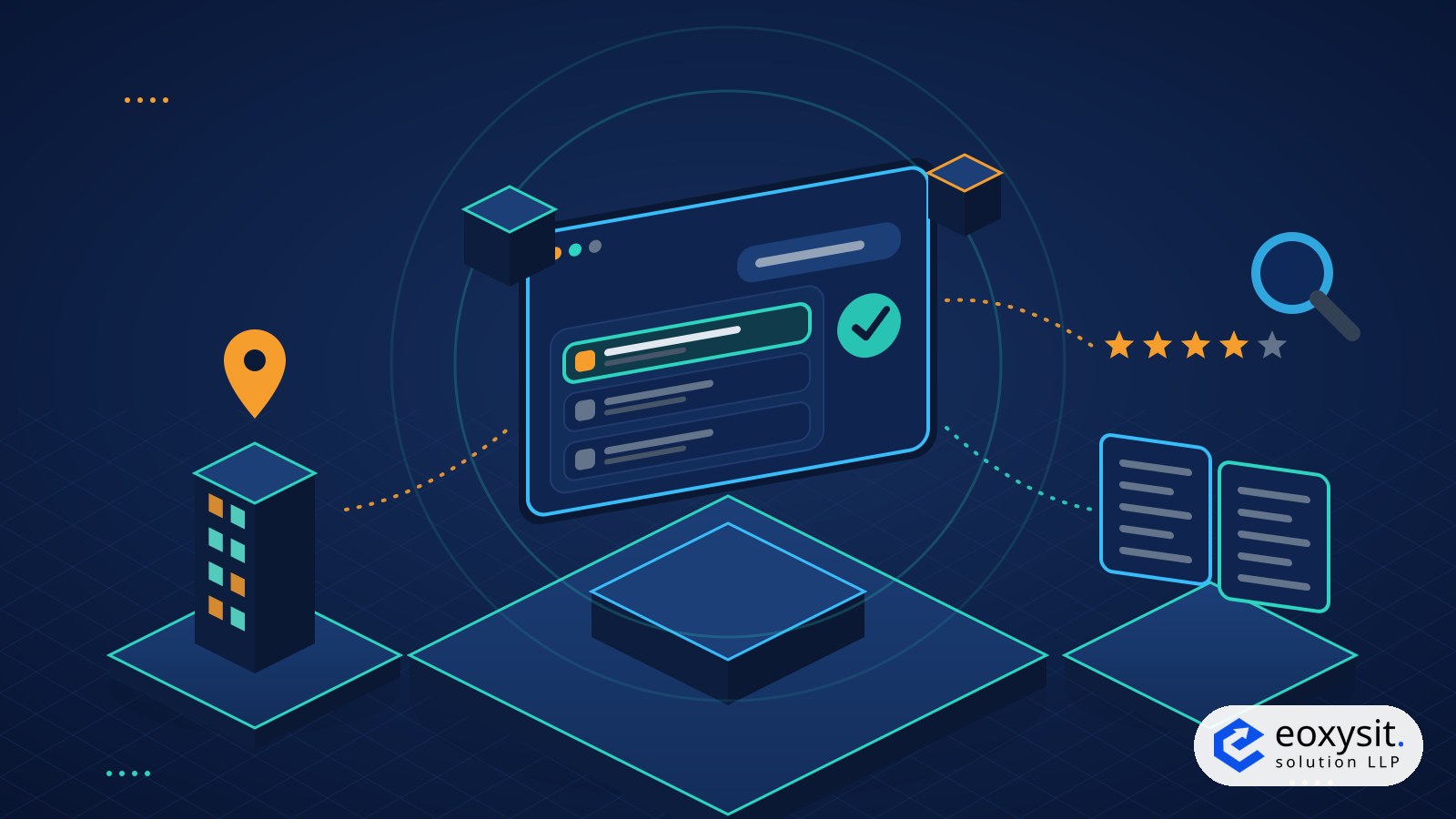 Isometric illustration of a business building with a location pin linked to a chat answer window that highlights one recommended listing, with review stars, documents and a magnifier